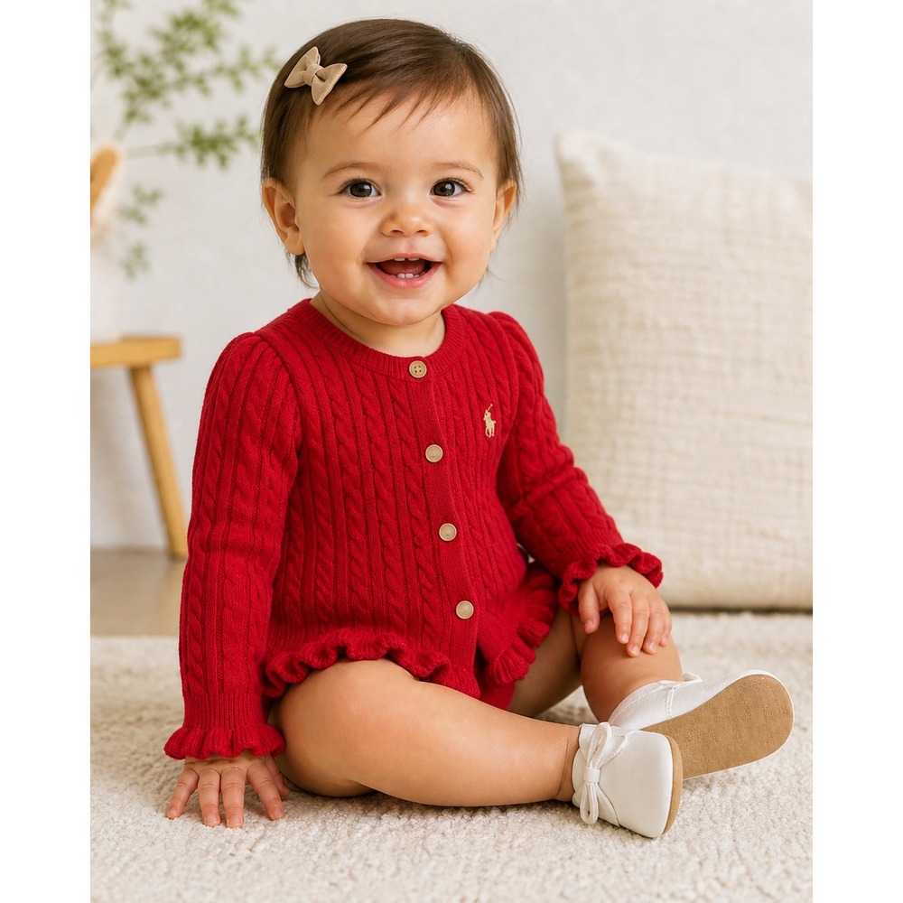 Ralph Lauren Cardigan Girls 12M Red Cable Knit Ruffle Trim Cotton Sweater Pony